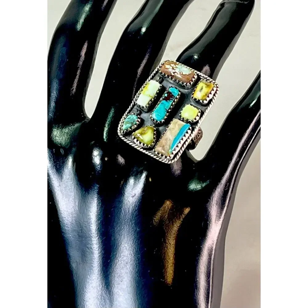 Sterling Silver Multi Turquoise Variscite Cobblestone Cluster Ring Southwestern